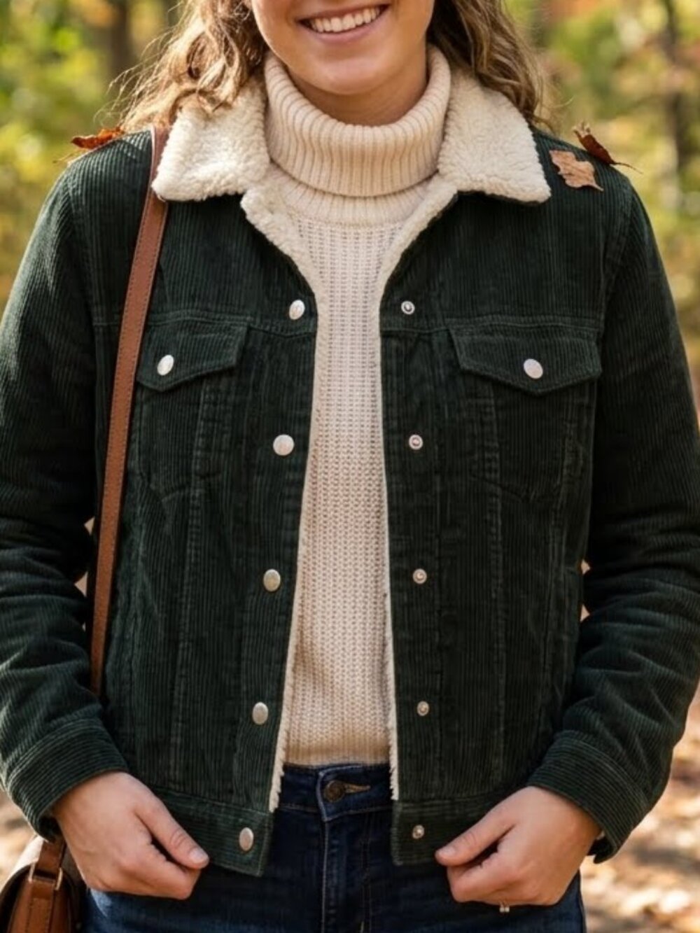 Topshop Woman's Green Corduroy Bomber Jacket Sherpa Collar & Lining Size S